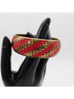 Brass Bangle Bracelet Orange Textile Weave Chunky Ethnic Boho Hippie Indie 1"